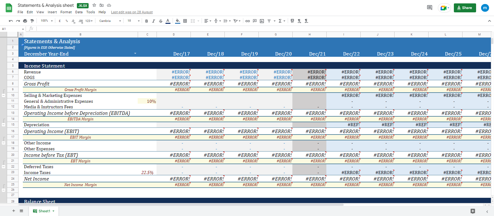 financial statements sheet